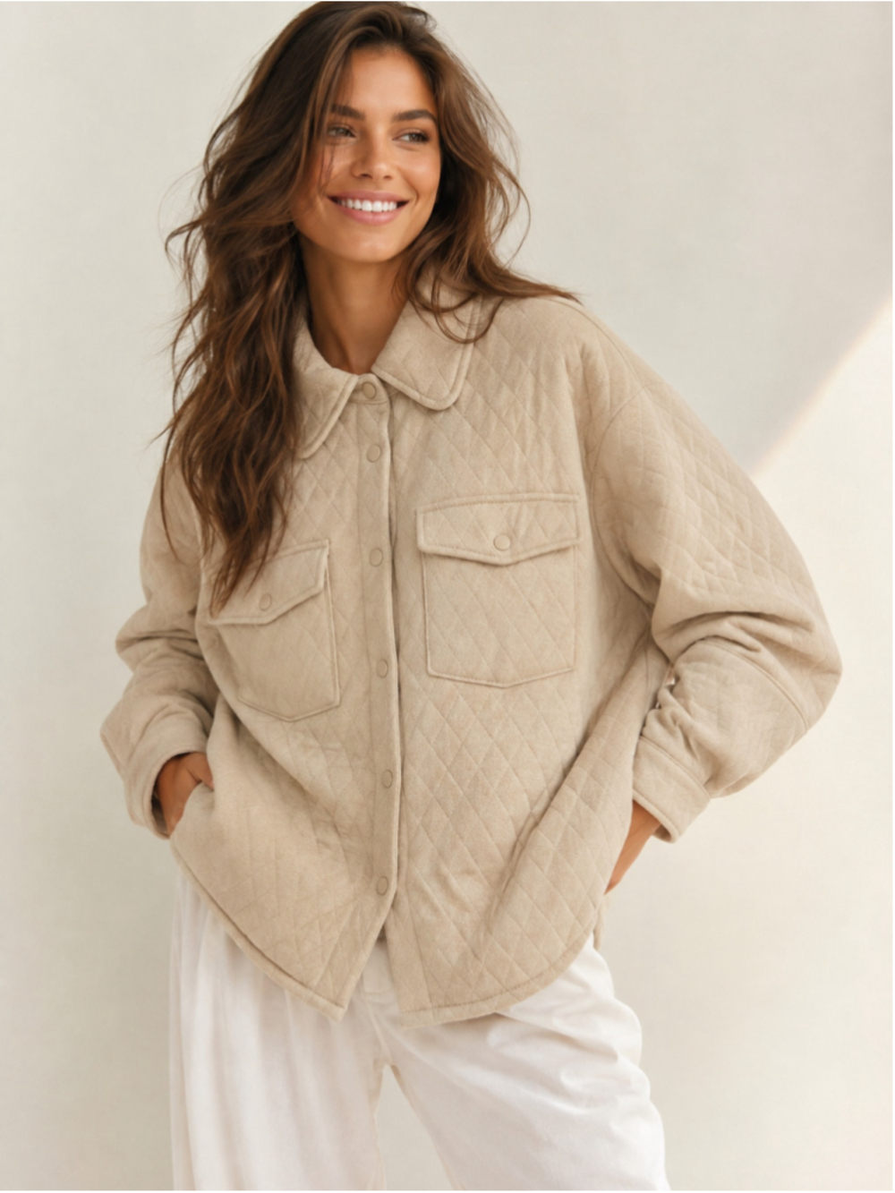 Mountain and Isles Shacket Beige Quilted Snap Oversized Jacket Cozy Neutral Boho